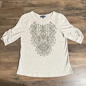 DEMOCRACY T Shirt Woman Size Small Beige Embroidered w/beads Ruched 3/4 Sleeve